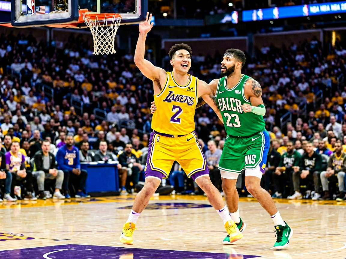 NBA季后赛现场，湖人队球员在比赛中精彩表现瞬间